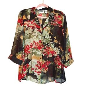 Vintage Joanna Sheer Blouse Women's XL Black; Red Yellow Tropical Floral Pattern